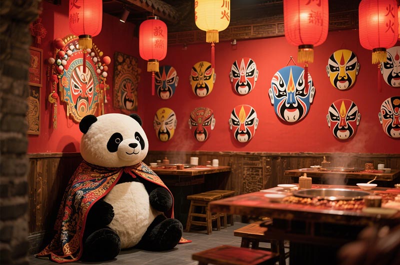 融入川劇臉譜、熊貓圖案、蜀錦元素等的火鍋店裝修效果圖