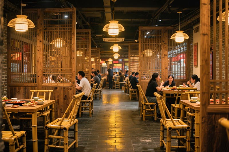 采用竹、木、青磚等傳統(tǒng)材質(zhì)的火鍋店裝修效果圖